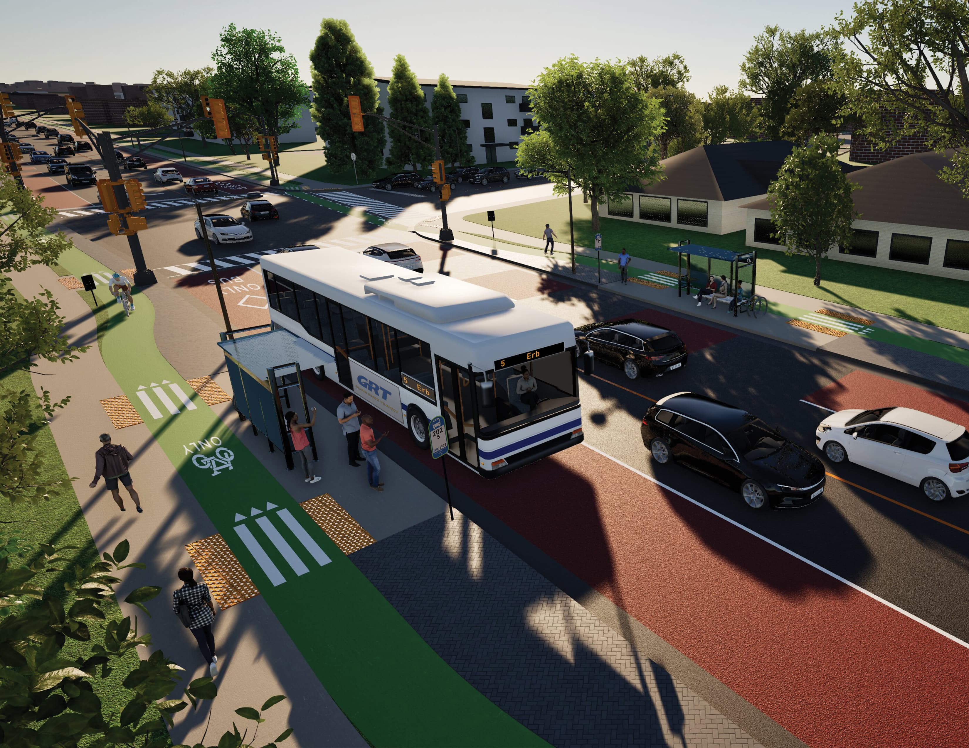 Complete streets redesign of Erb Street West in Waterloo, Ontario — side-running BRT proposal